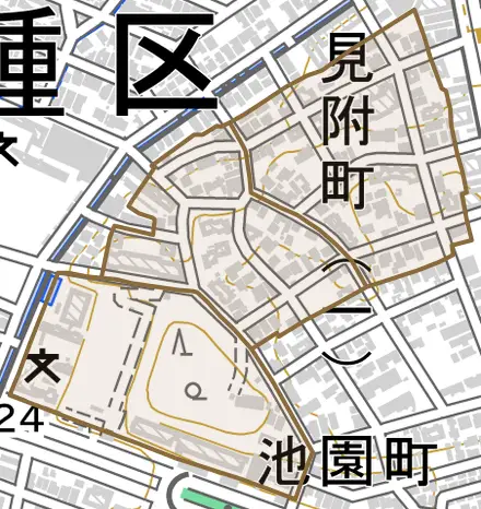 見附町とその周辺の地図。町の範囲を重ねている