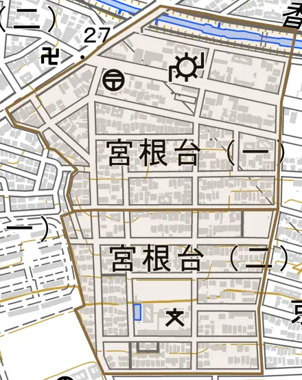 宮根台とその周辺の地図。町の範囲を重ねている