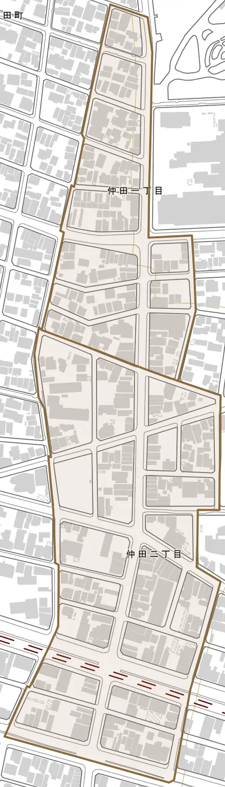 仲田とその周辺の地図。町の範囲を重ねている