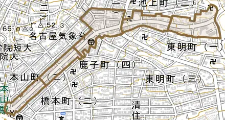 猫洞通とその周辺の地図。町の範囲を重ねている