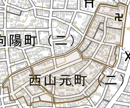 西山元町とその周辺の地図。町の範囲を重ねている
