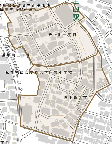 丘上町とその周辺の地図。町の範囲を重ねている