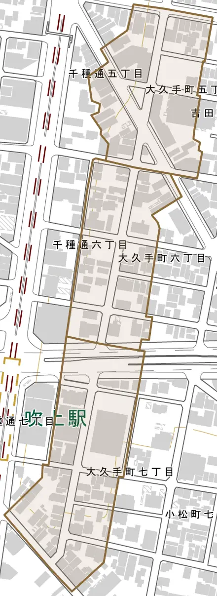 大久手町とその周辺の地図。町の範囲を重ねている