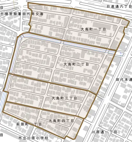 大島町とその周辺の地図。町の範囲を重ねている