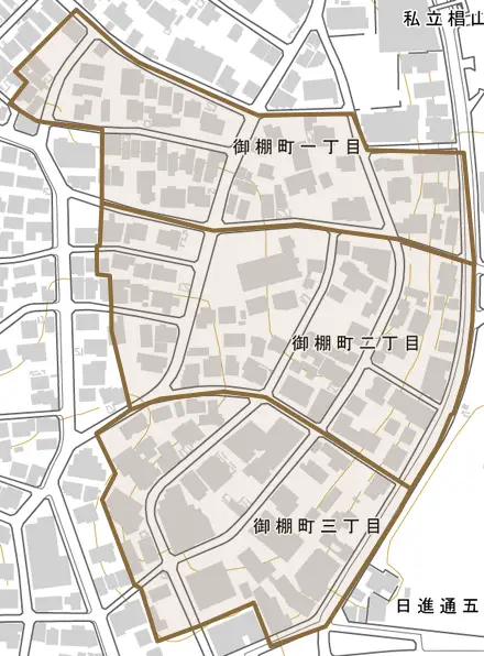 御棚町とその周辺の地図。町の範囲を重ねている