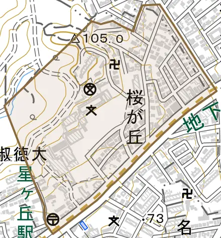 桜が丘とその周辺の地図。町の範囲を重ねている