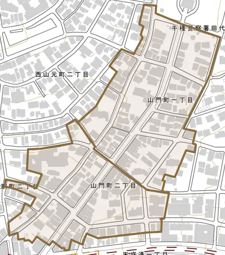 山門町とその周辺の地図。町の範囲を重ねている