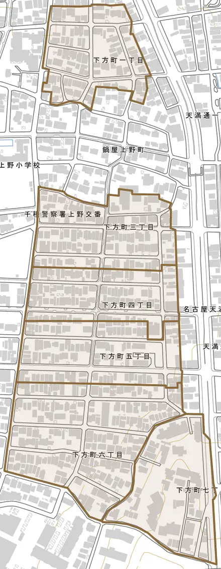 下方町とその周辺の地図。町の範囲を重ねている