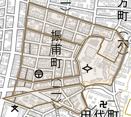 振甫町とその周辺の地図。町の範囲を重ねている