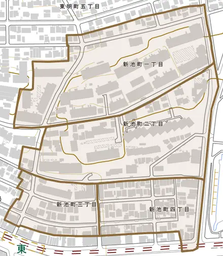 新池町とその周辺の地図。町の範囲を重ねている