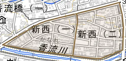 新西とその周辺の地図。町の範囲を重ねている
