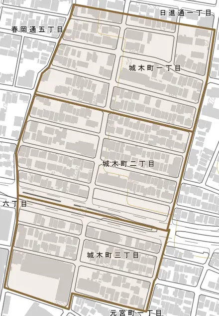 城木町とその周辺の地図。町の範囲を重ねている