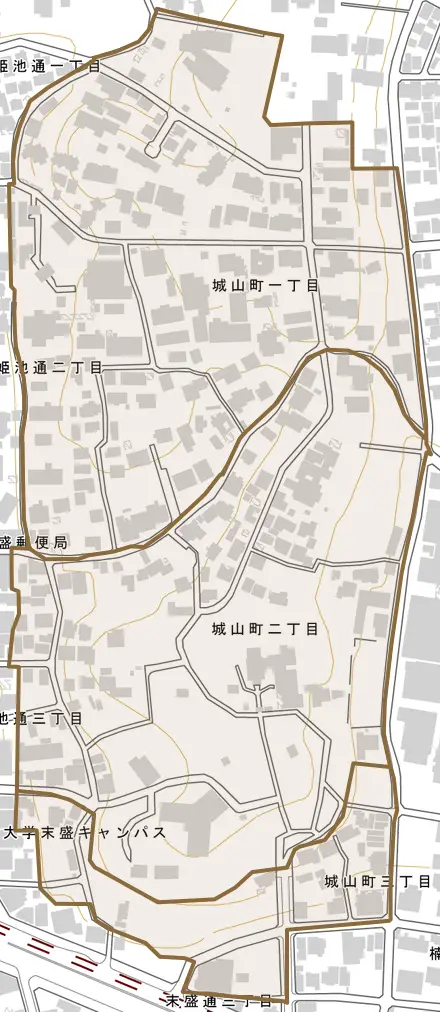 城山町とその周辺の地図。町の範囲を重ねている