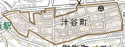 汁谷町とその周辺の地図。町の範囲を重ねている