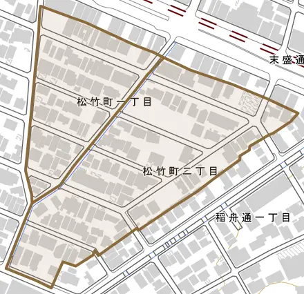 松竹町とその周辺の地図。町の範囲を重ねている
