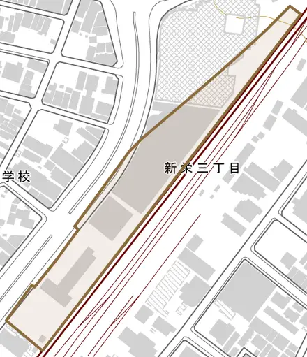 新栄とその周辺の地図。町の範囲を重ねている