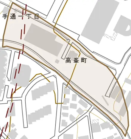高峯町とその周辺の地図。町の範囲を重ねている