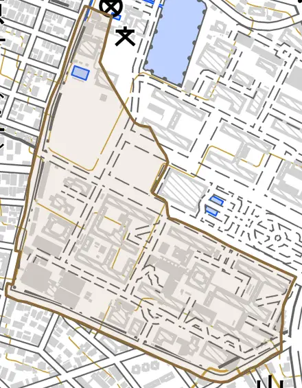 宮東町とその周辺の地図。町の範囲を重ねている