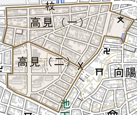 高見とその周辺の地図。町の範囲を重ねている