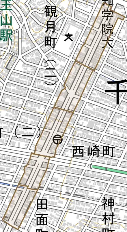 田代本通とその周辺の地図。町の範囲を重ねている