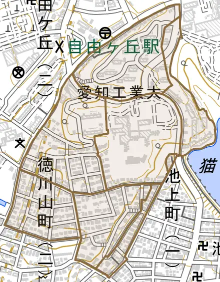 徳川山町とその周辺の地図。町の範囲を重ねている