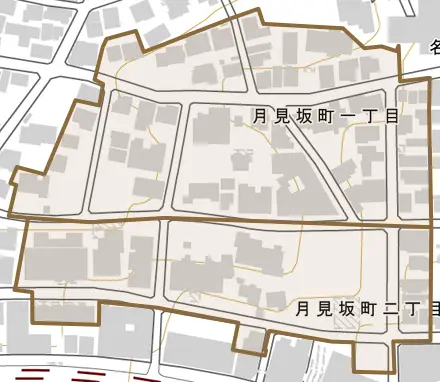 月見坂町とその周辺の地図。町の範囲を重ねている