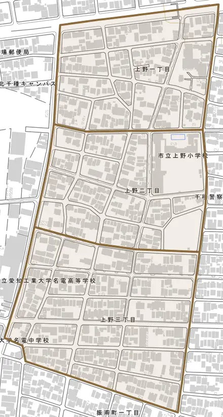 上野とその周辺の地図。町の範囲を重ねている