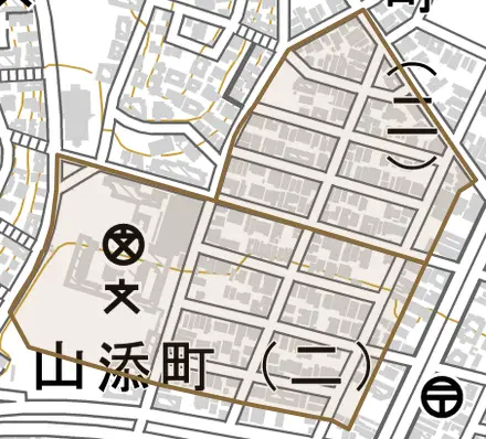 山添町とその周辺の地図。町の範囲を重ねている