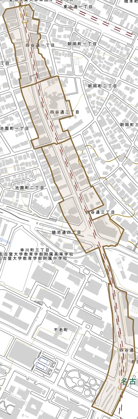四谷通とその周辺の地図。町の範囲を重ねている