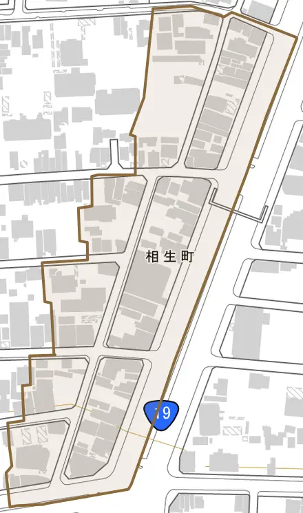 相生町とその周辺の地図。町の範囲を重ねている