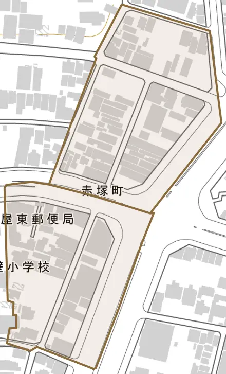 赤塚町とその周辺の地図。町の範囲を重ねている