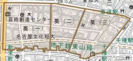 葵とその周辺の地図。町の範囲を重ねている