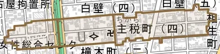 主税町とその周辺の地図。町の範囲を重ねている
