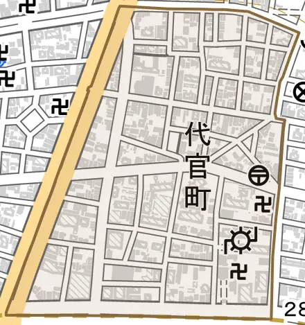 代官町とその周辺の地図。町の範囲を重ねている