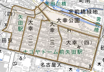 大幸とその周辺の地図。町の範囲を重ねている