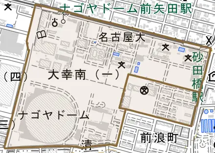 大幸南とその周辺の地図。町の範囲を重ねている