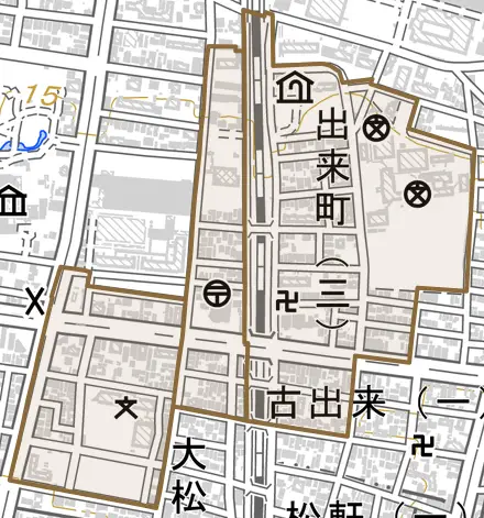出来町とその周辺の地図。町の範囲を重ねている