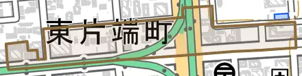 東片端町とその周辺の地図。町の範囲を重ねている