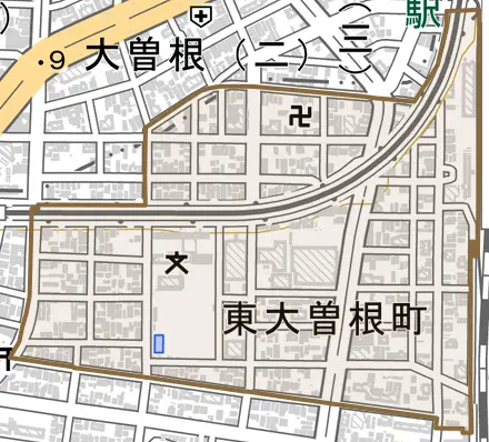 東大曽根町とその周辺の地図。町の範囲を重ねている