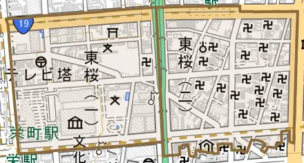 東桜とその周辺の地図。町の範囲を重ねている