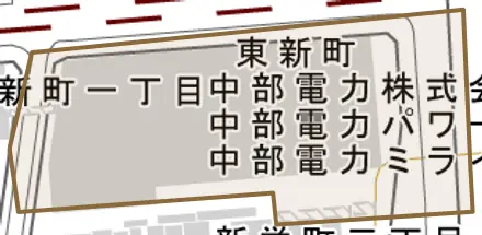 東新町とその周辺の地図。町の範囲を重ねている
