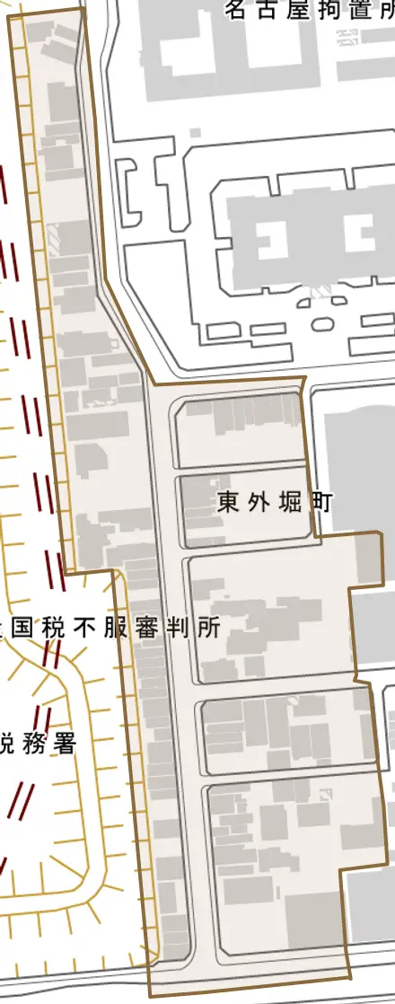 東外堀町とその周辺の地図。町の範囲を重ねている