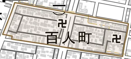 百人町とその周辺の地図。町の範囲を重ねている