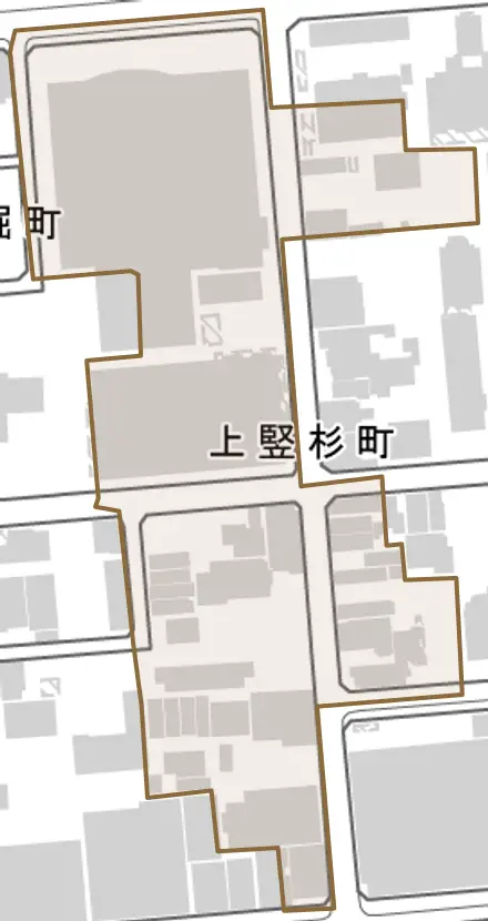 上竪杉町とその周辺の地図。町の範囲を重ねている
