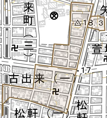 古出来とその周辺の地図。町の範囲を重ねている