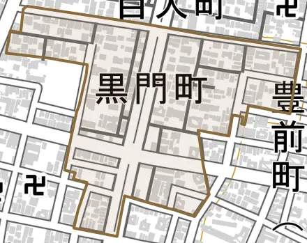 黒門町とその周辺の地図。町の範囲を重ねている