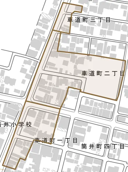車道町とその周辺の地図。町の範囲を重ねている