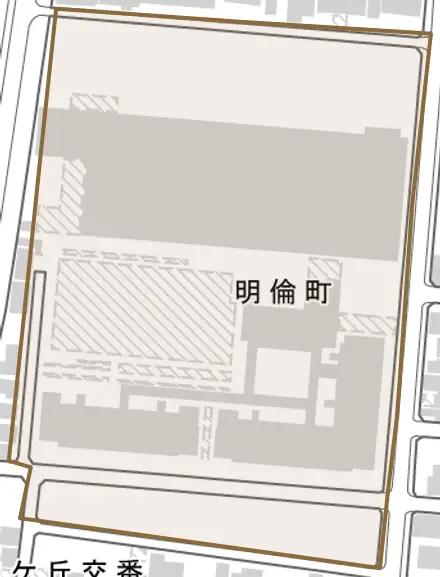 明倫町とその周辺の地図。町の範囲を重ねている