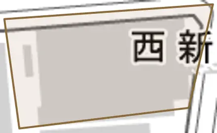 西新町とその周辺の地図。町の範囲を重ねている