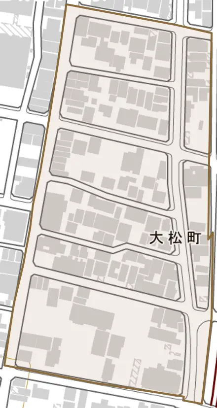 大松町とその周辺の地図。町の範囲を重ねている